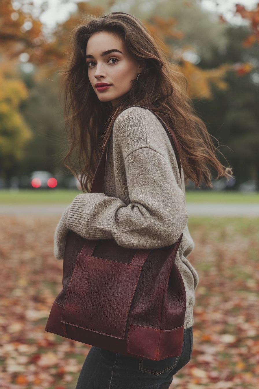 A young woman with flowing brunette hair, wearing a cozy wool sweater and dark jeans, holding a deep burgundy leather tote, standing in a park with autumn leaves, overcast sky.