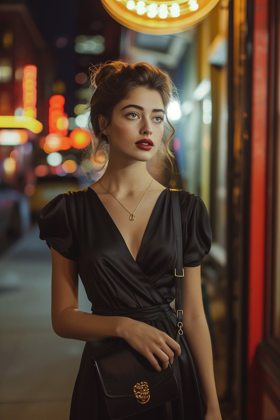  A young woman with elegant updo hair, wearing a black silk midi dress, holding a small black leather tote with gold accents, standing on a city street at night, ambient street lights.