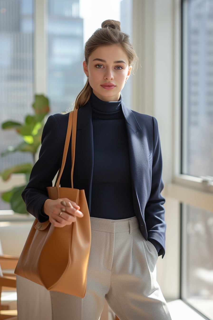  A young woman with a sleek ponytail, wearing a navy blue blazer and light gray trousers, holding a tan leather tote, in a modern office environment, soft natural light filtering through large windows.