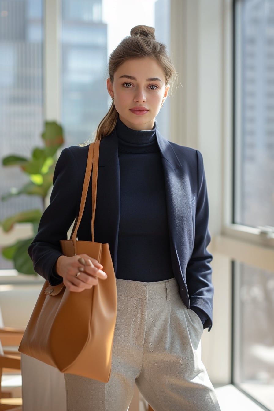 A young woman with a sleek ponytail, wearing a navy blue blazer and light gray trousers, holding a tan leather tote, in a modern office environment, soft natural light filtering through large windows.