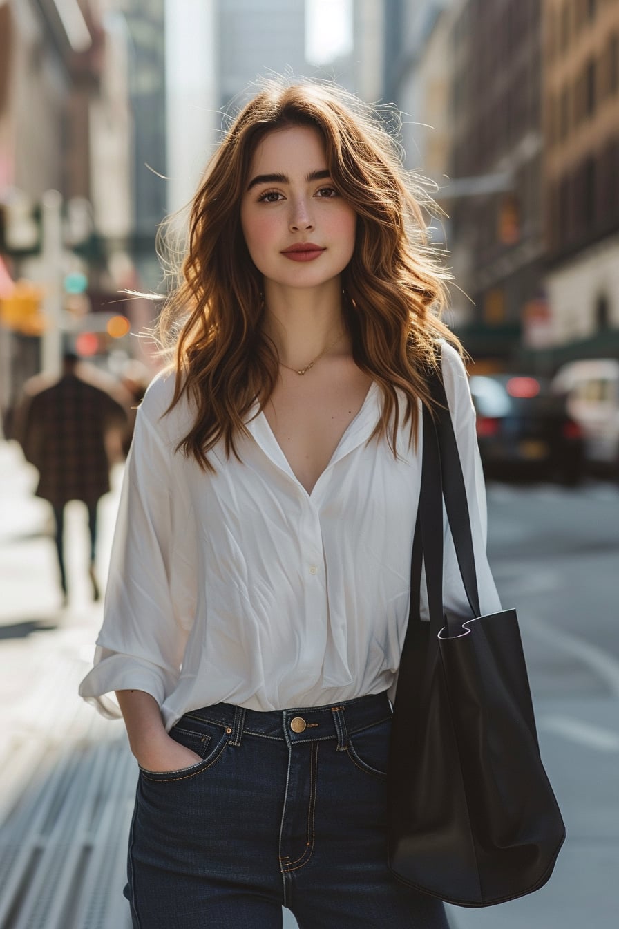  A young woman with wavy chestnut hair, wearing a crisp white shirt and dark blue jeans, casually slinging a sleek black leather tote over her shoulder, standing in a bustling urban street, morning light.