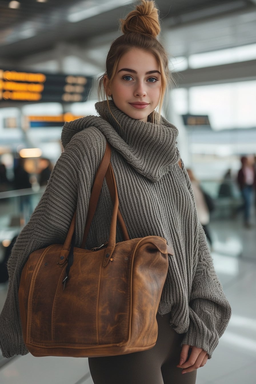 A young woman with a casual ponytail, wearing an oversized sweater and leggings, holding a large brown leather tote, in an airport terminal, early morning.