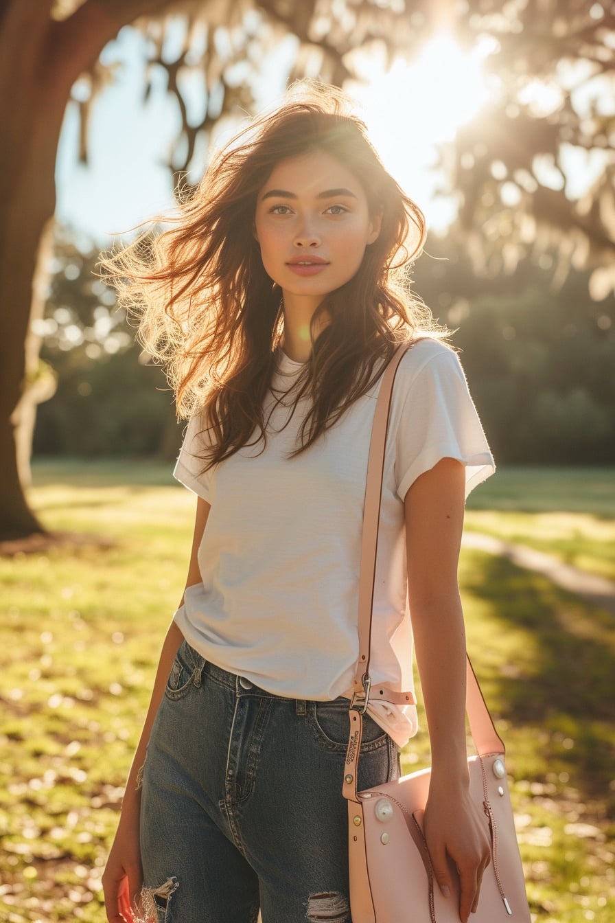 A young woman with loose, sun-kissed hair, wearing a white t-shirt and distressed denim jeans, holding a soft pink leather tote, walking through a park, golden hour sunlight.