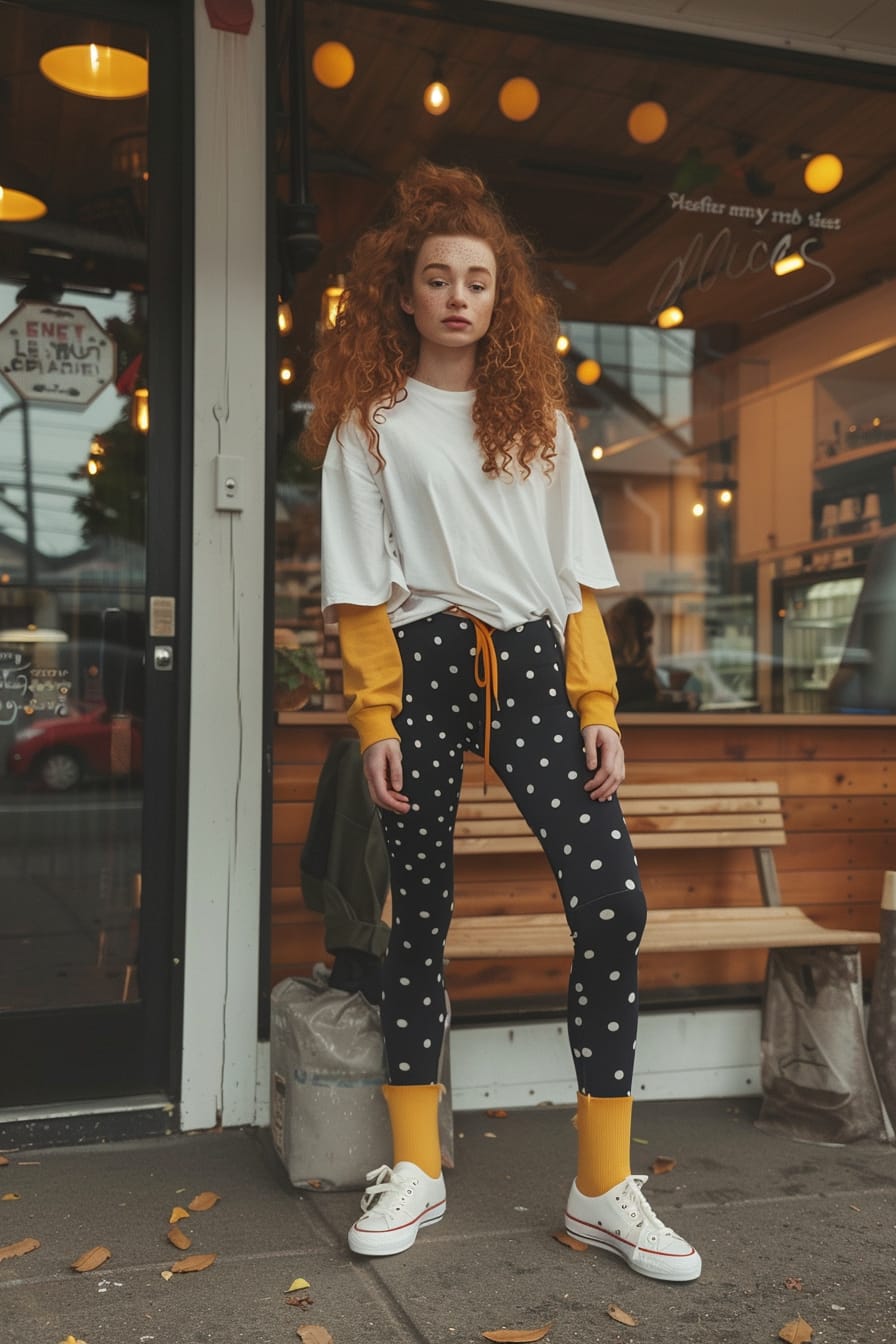  A full-length image of a young woman with curly red hair, wearing black and white polka dot leggings, mustard yellow socks over the leggings, and white canvas shoes. She's standing in front of a modern coffee shop, late afternoon, with the warm glow of the setting sun illuminating the scene.