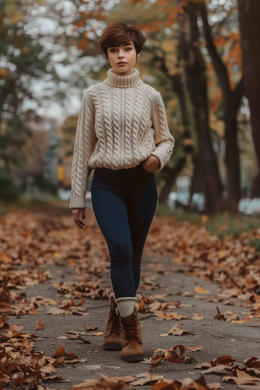  A full-length image of a young woman with short pixie cut, wearing navy blue leggings, cream cable-knit socks over the leggings, and brown leather boots. She's walking through a city park, late autumn, with fallen leaves around her and the crisp air hinting at the coming winter.