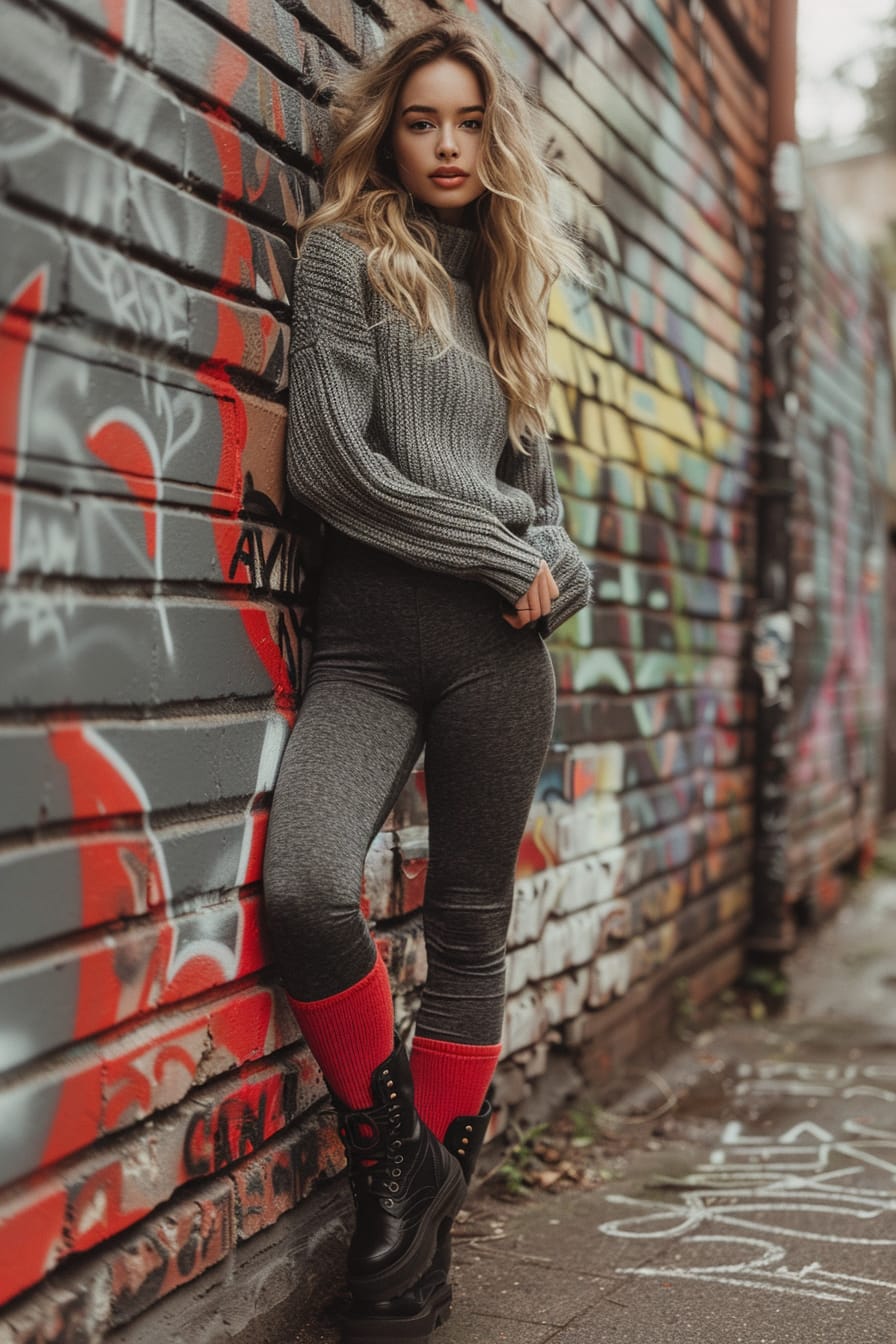  A full-length image of a young woman with wavy blonde hair, wearing charcoal grey leggings, bright red woolen socks over the leggings, and black ankle boots. She's leaning against a graffiti-covered wall in an urban alley, midday, with soft sunlight filtering through.