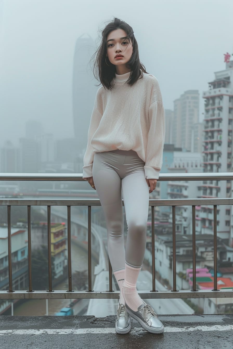  A full-length image of a young woman with sleek black hair, wearing light grey leggings, pastel pink socks over the leggings, and metallic silver loafers. She's standing on a city bridge, early morning, with the calm cityscape in the background and a gentle mist softening the surroundings.