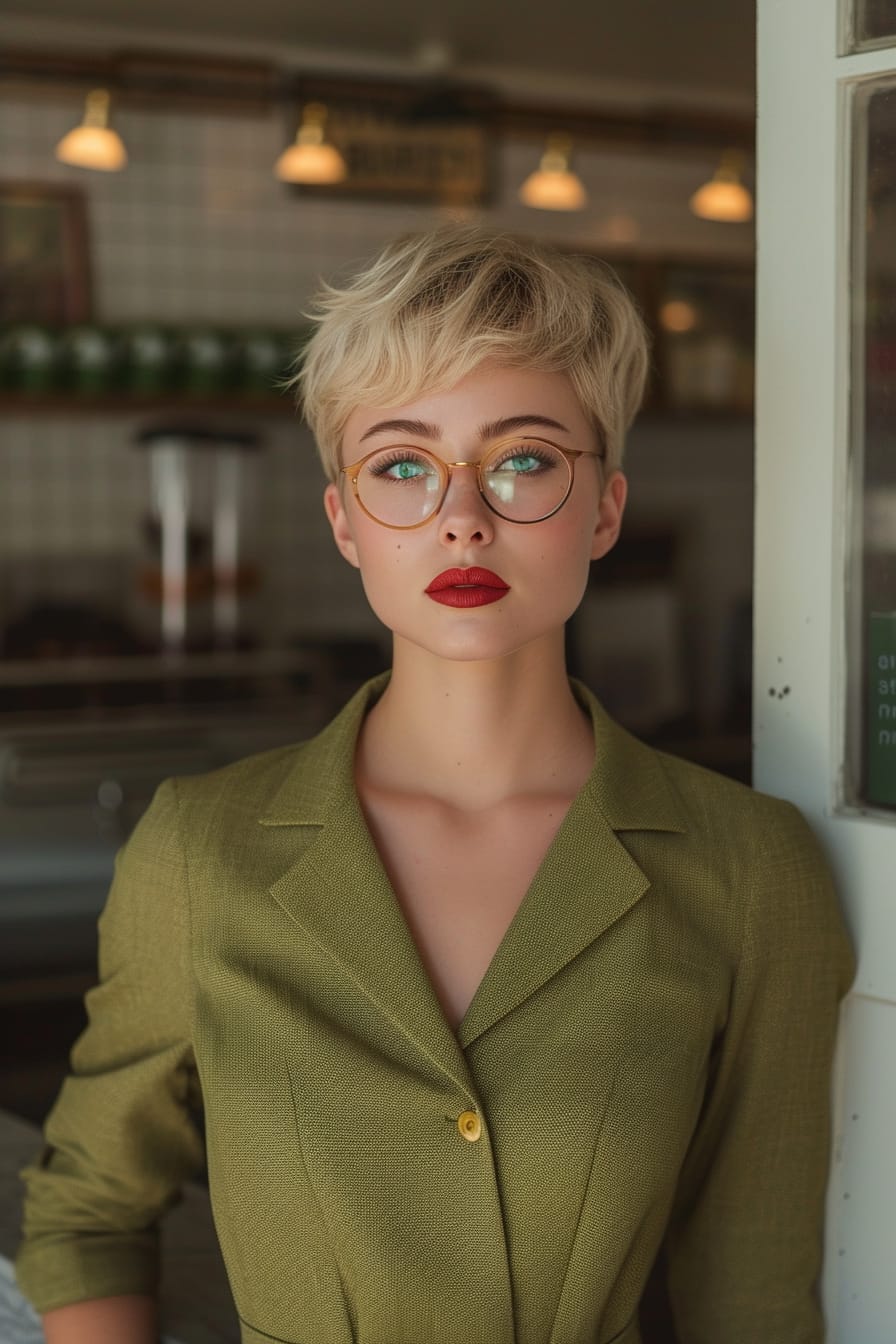  A young woman with short blonde hair, wearing a tailored 1960s mod dress, slightly cinched at the waist for a modern fit, in front of a minimalist coffee shop, late afternoon.