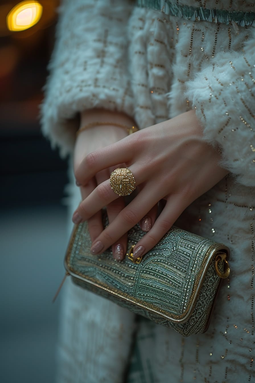  A close-up of a young woman's hands, one adorned with a chunky, contemporary gold ring, the other clutching a vintage clutch purse, against a backdrop of a soft-focus urban scene, dusk.