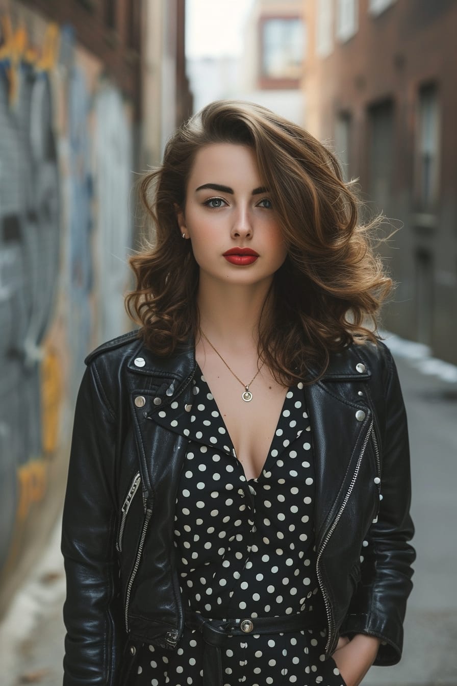  A young woman with wavy brunette hair, wearing a 1950s polka dot dress modernized with a leather jacket, standing in an urban alley, morning light.