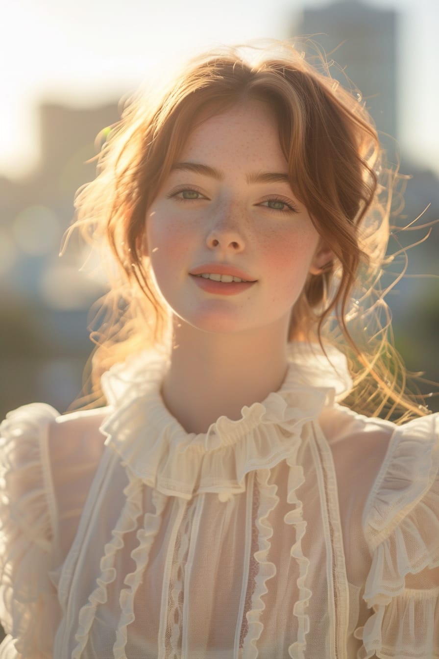 Close-up image of a young woman with a soft smile, showcasing the texture of a white ruffled blouse, gentle sunlight highlighting the fabric's details, blurred urban background.