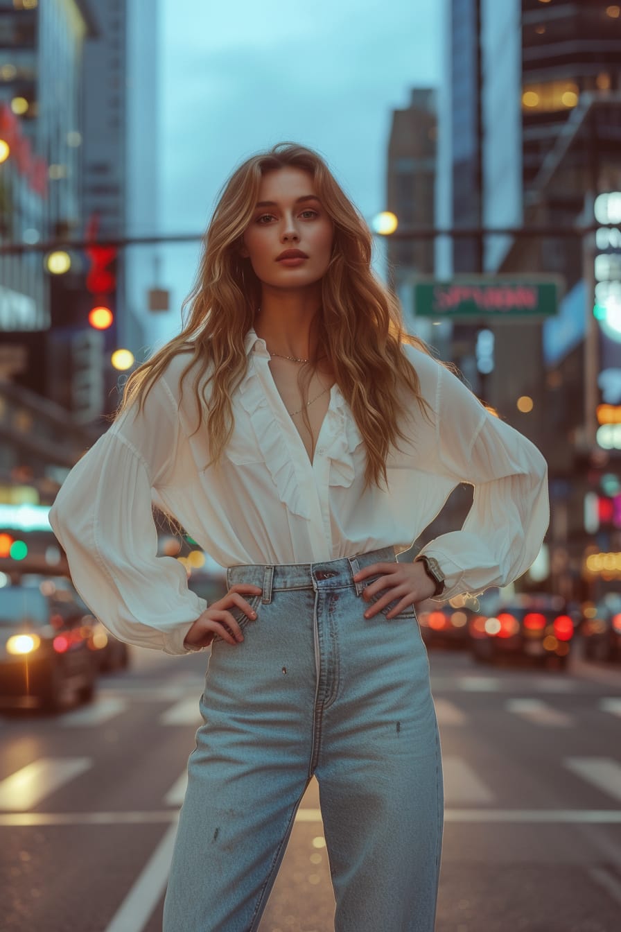 A young woman standing confidently in wide-leg jeans and a white blouse, hands on hips, a bustling city street behind her, twilight setting in, the city lights starting to sparkle.
