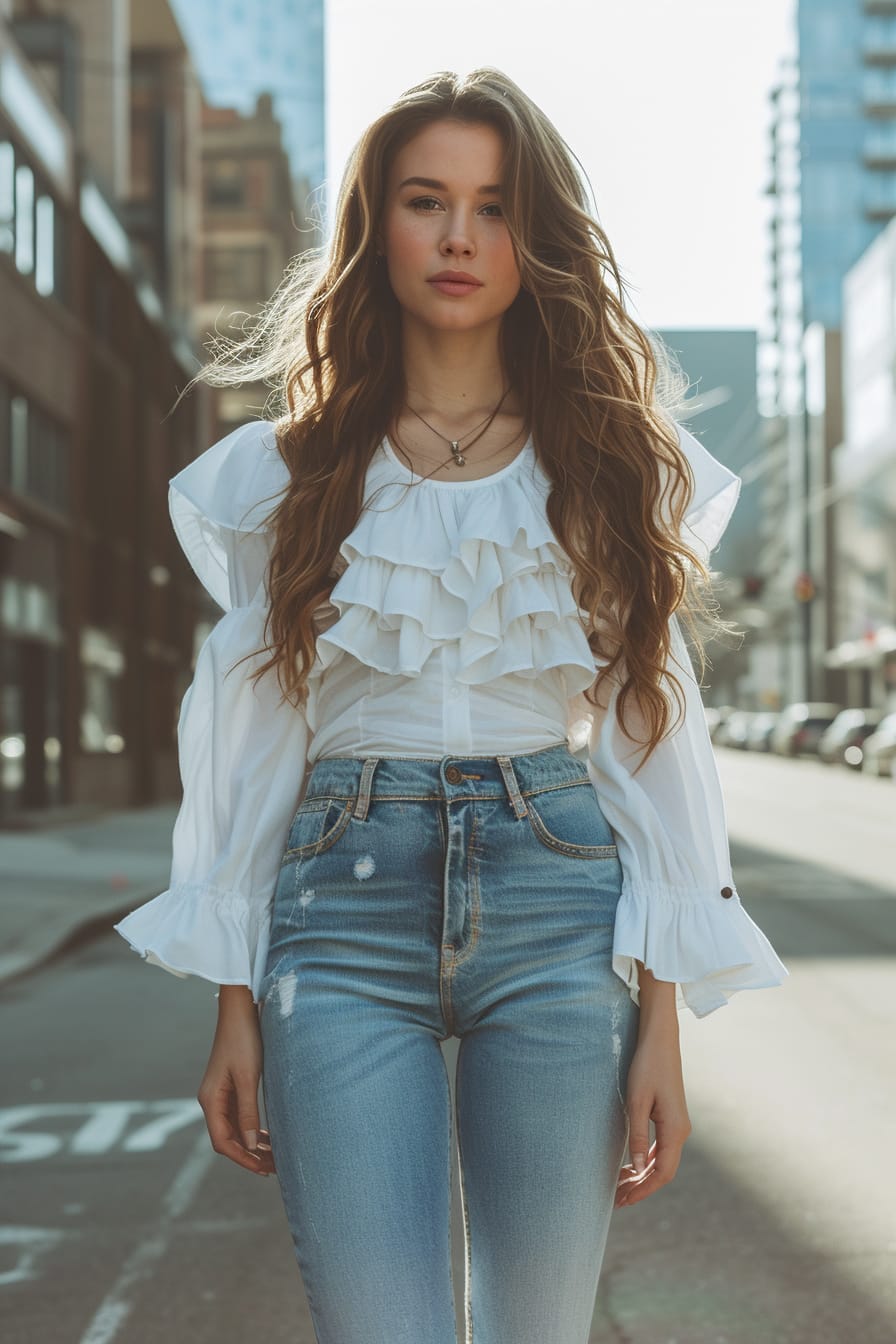 A full-length image of a young woman with wavy brunette hair, wearing high-waisted wide-leg jeans paired with a white ruffled blouse, soft natural daylight, standing in an urban street setting.
