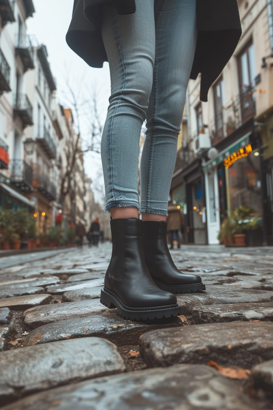 A detailed image of sleek ankle boots paired with wide-leg jeans, the edge of the jeans gently resting on the boots, soft lighting, on a cobblestone street.