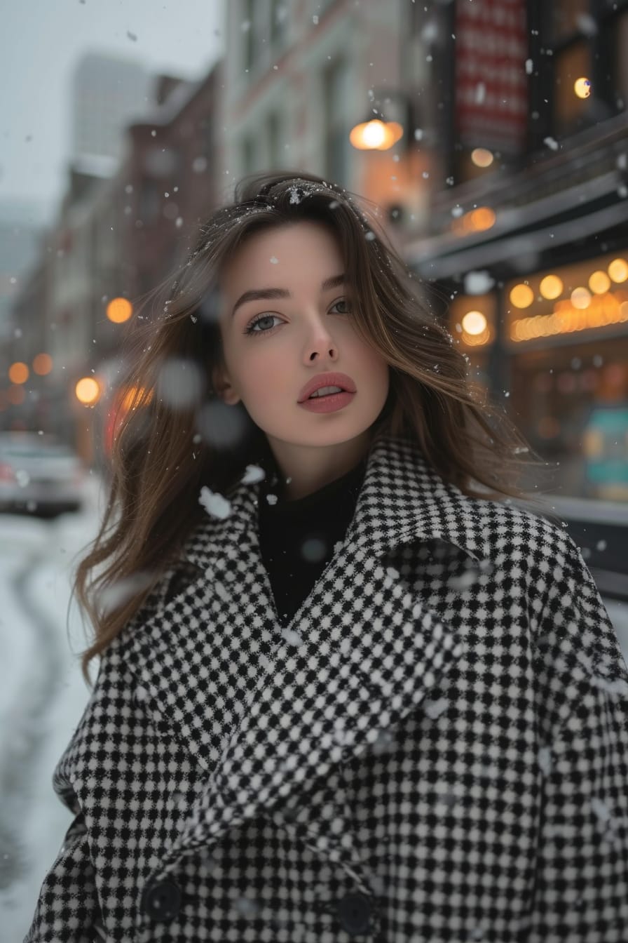  A full-length image of a young woman with wavy brunette hair, wearing an oversized houndstooth coat, standing on a snowy street, early evening.
