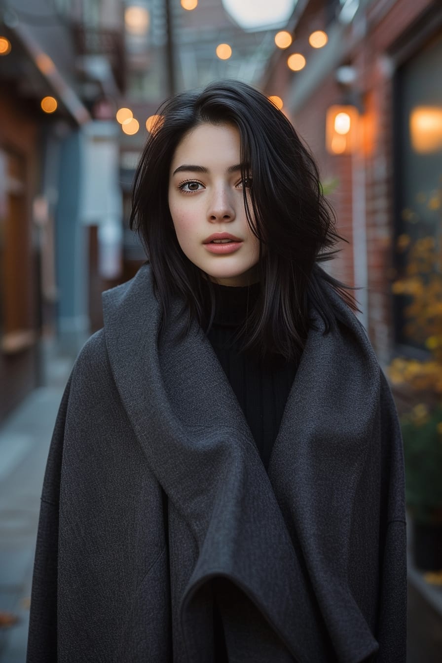 A young woman with sleek black hair, wearing a charcoal gray cape coat, standing in an urban alleyway, evening.