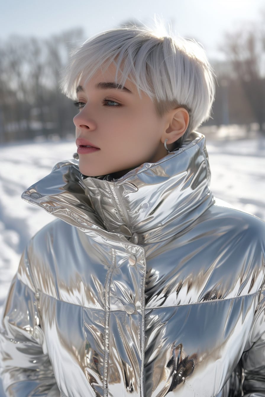 A young woman with short platinum blonde hair, dressed in a shiny silver puffer coat, standing in a snow-covered park, midday.