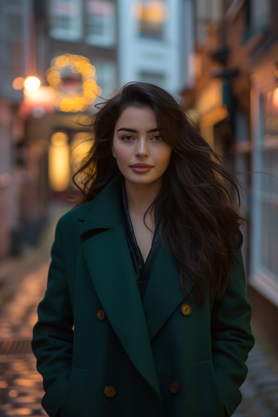  A young woman with long dark hair, wearing a deep emerald green wool coat, walking on a cobblestone street, dusk.