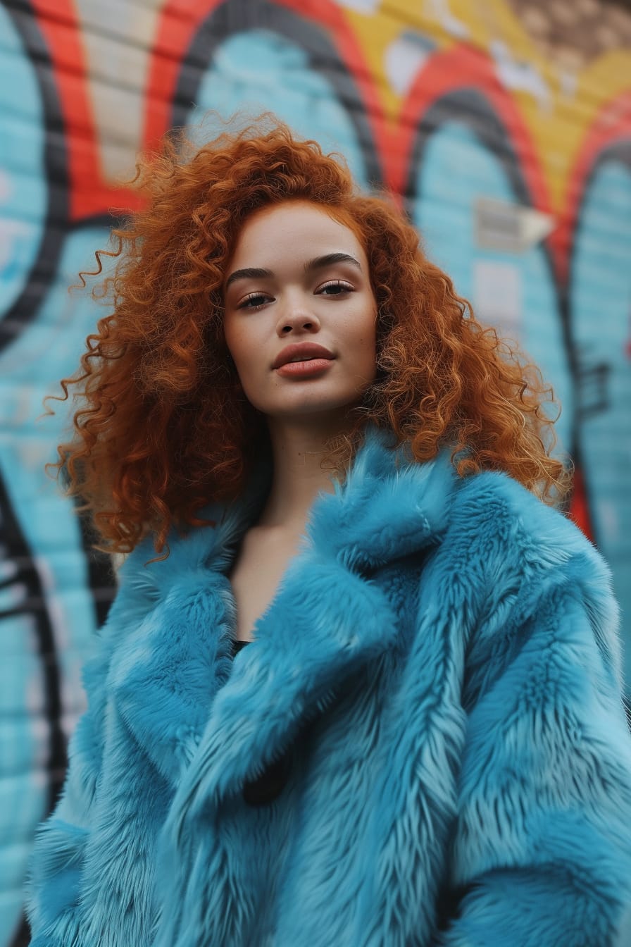 A young woman with curly red hair, wearing a bright blue faux fur coat, standing in front of a graffiti-covered wall, late afternoon.