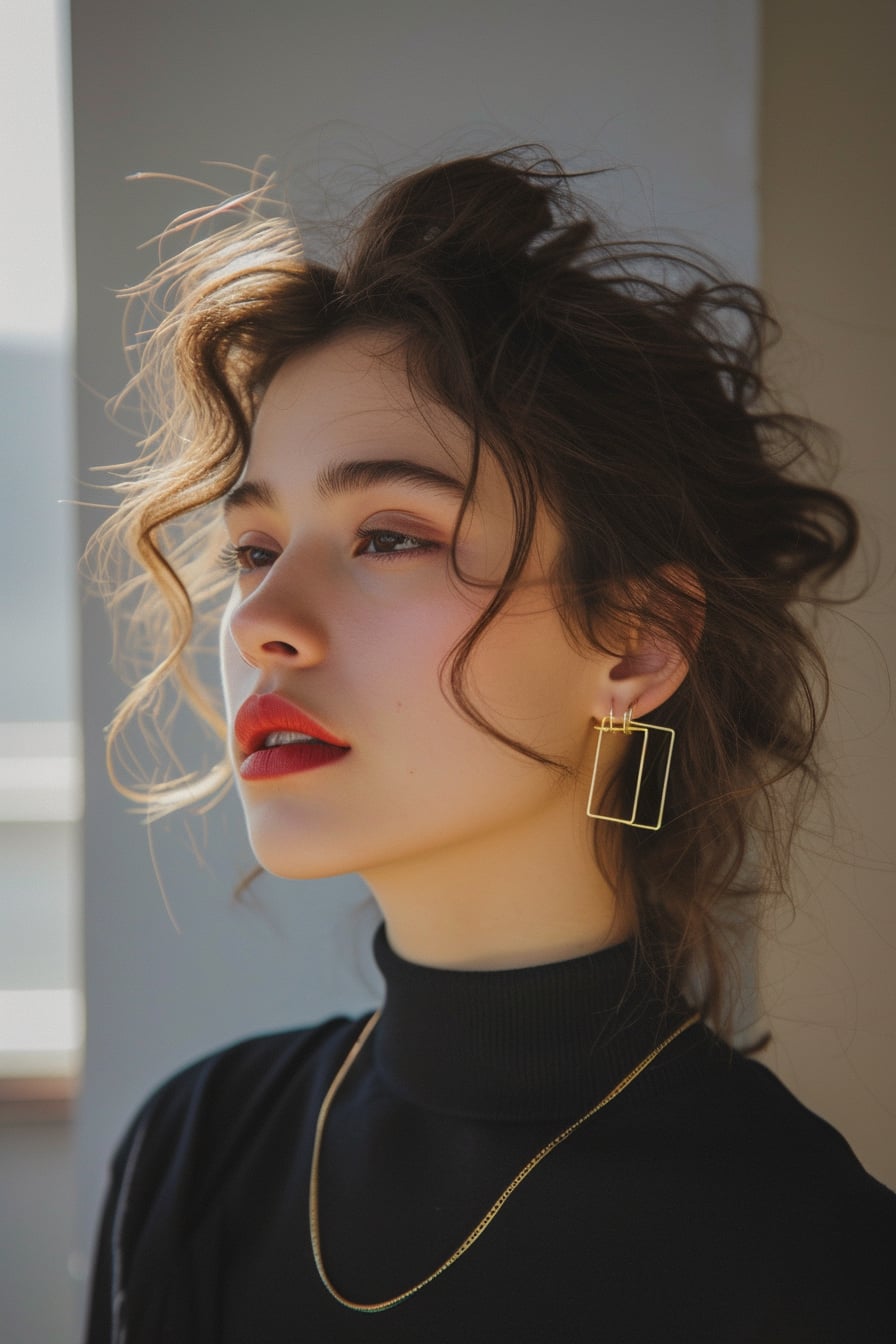  A young woman with a thoughtful expression, her look elevated by delicate stacked rings and bold, geometric earrings, with a hint of a smile suggesting a story untold, against a backdrop that