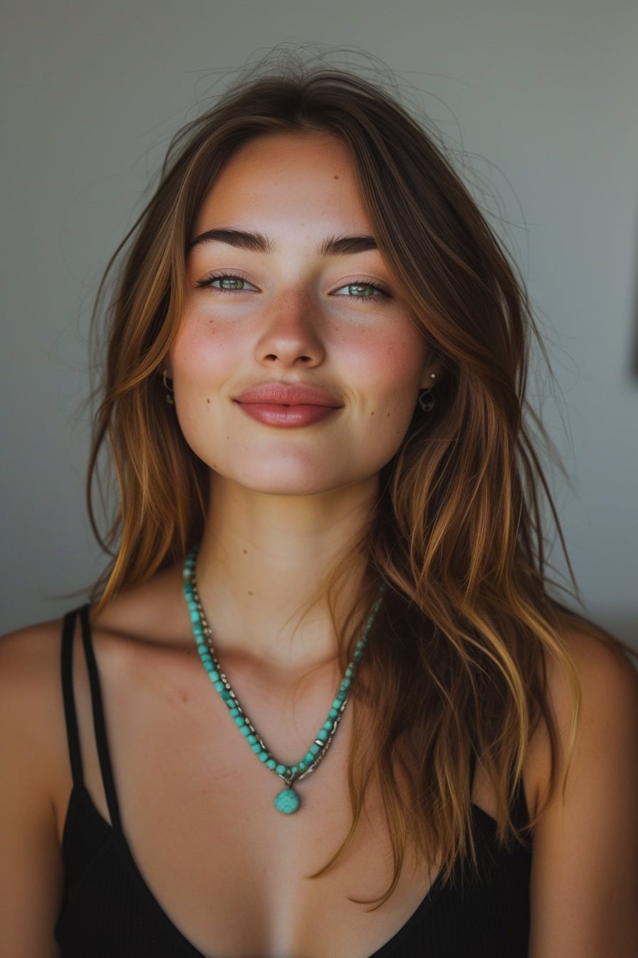  Close-up of a young woman with a soft smile, wearing a simple black tank top, elevated with an eye-catching, oversized turquoise necklace, minimalist background, gentle daylight.