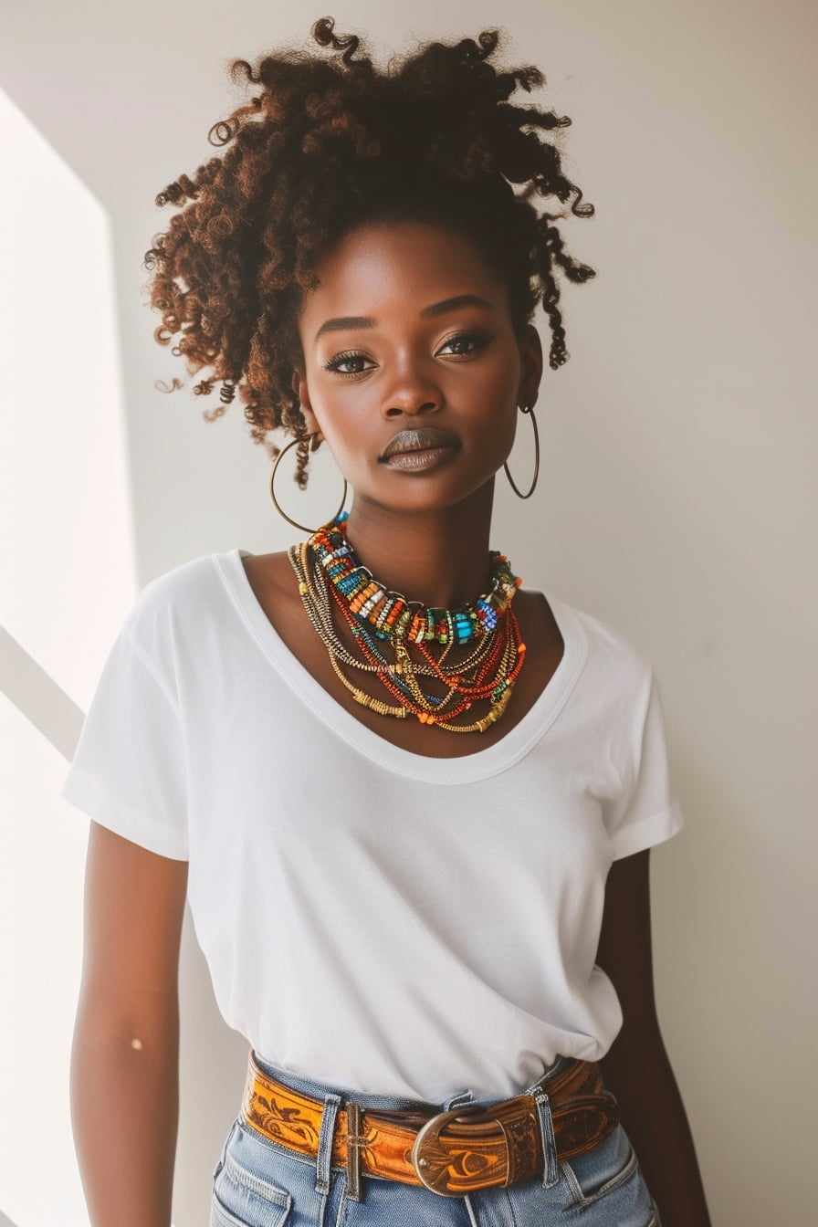  A young woman with a serene expression, standing confidently in a classic white T-shirt and jeans, dramatically enhanced with a chunky, colorful necklace, vibrant bangles, and a statement belt, against a simple, neutral background, soft lighting.
