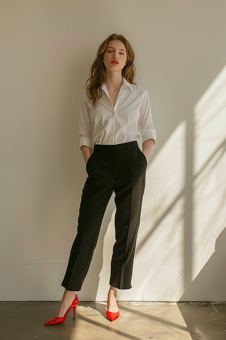  A young woman standing tall, wearing a classic white button-down shirt and tailored pants, her look transformed by bright red, textured heels, on a clean, simple background that puts the focus on her bold choice of footwear.
