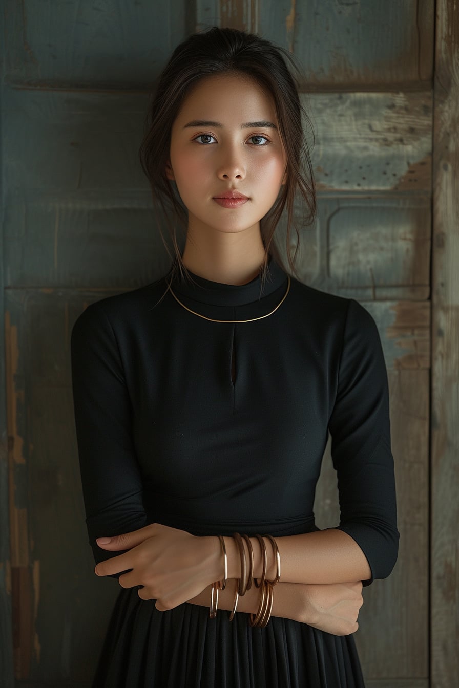  A young woman in a sleek, black midi dress, her arms adorned with a mix of metallic and wooden bangles, standing against an elegant, muted background, indirect lighting highlighting the textures.