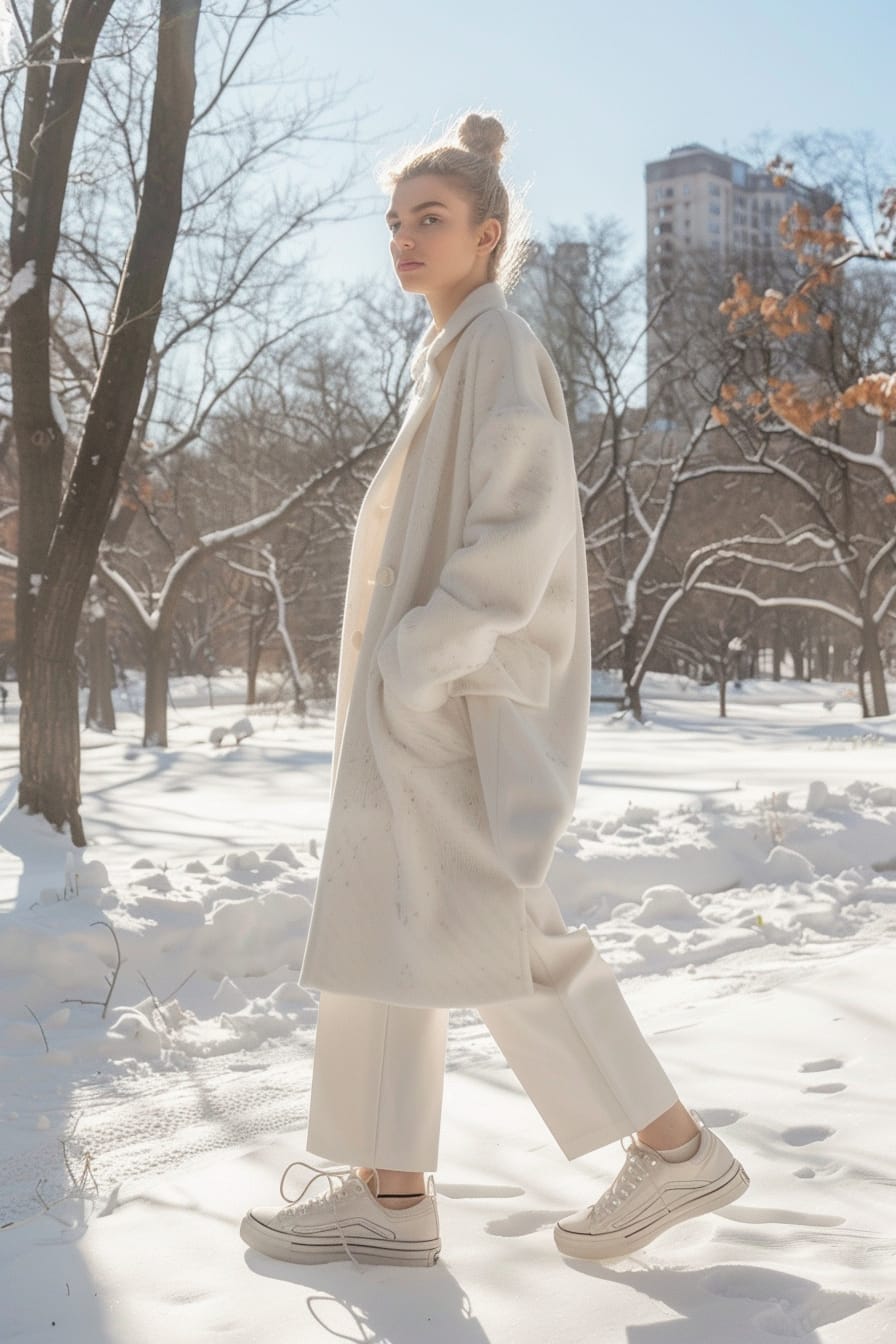  A full-length image of a young woman with blonde hair in a low bun, wearing a white wool coat, ivory trousers, and silver sneakers, walking through a snow-covered park, sunny day.