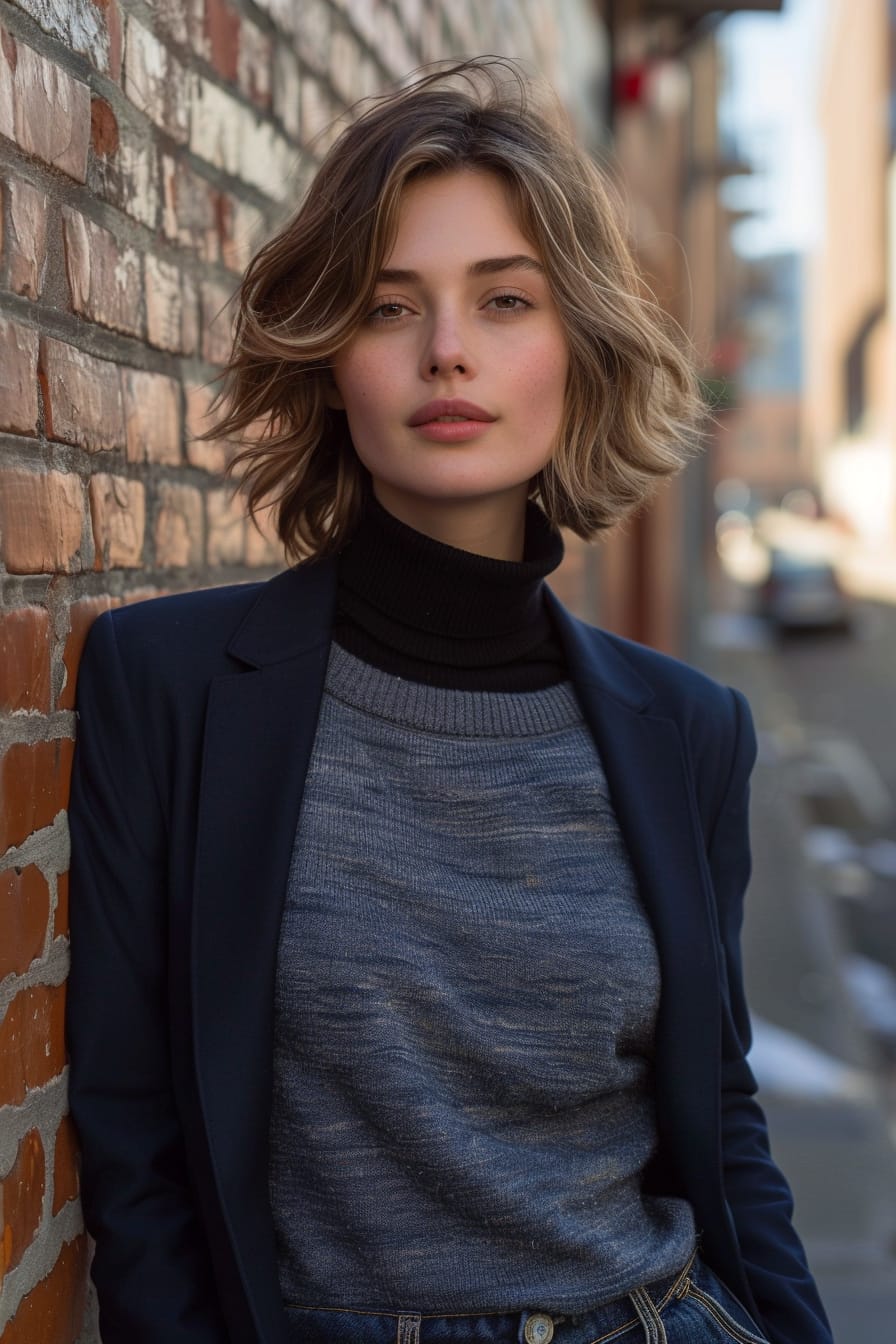  A full-length image of a young woman with short wavy hair, wearing a black turtleneck, gray cashmere sweater, and a navy blazer, leaning against a brick wall in an urban alley, late afternoon.