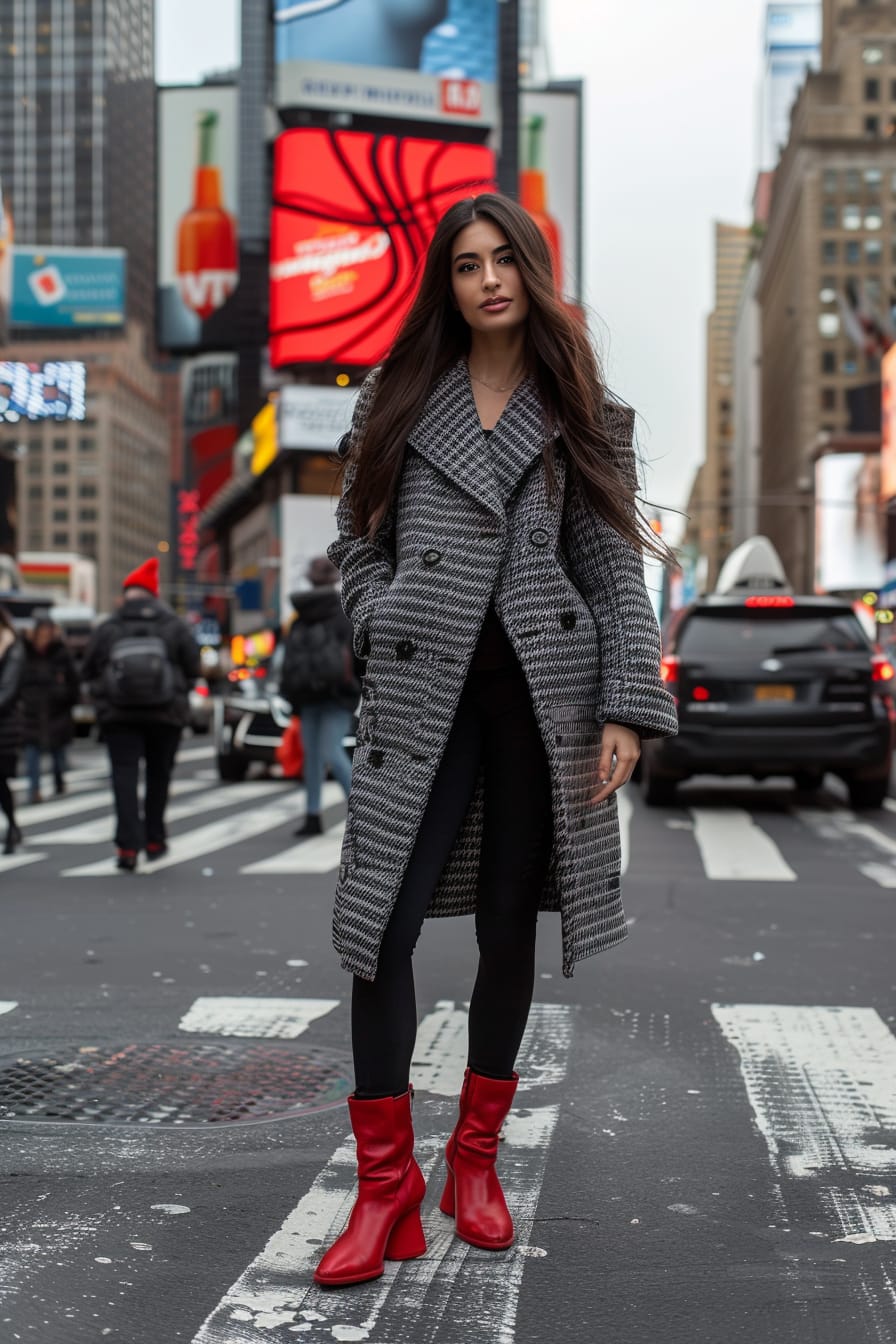  A full-length image of a young woman with long dark hair, wearing an oversized houndstooth coat, black leggings, and red ankle boots, crossing a busy city intersection, midday.