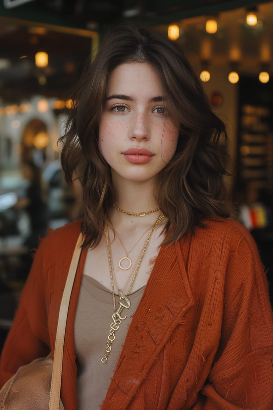 A close-up image of a young woman with medium-length brown hair, wearing a gold chunky necklace and holding a tan leather handbag, standing in front of a cafe, evening.