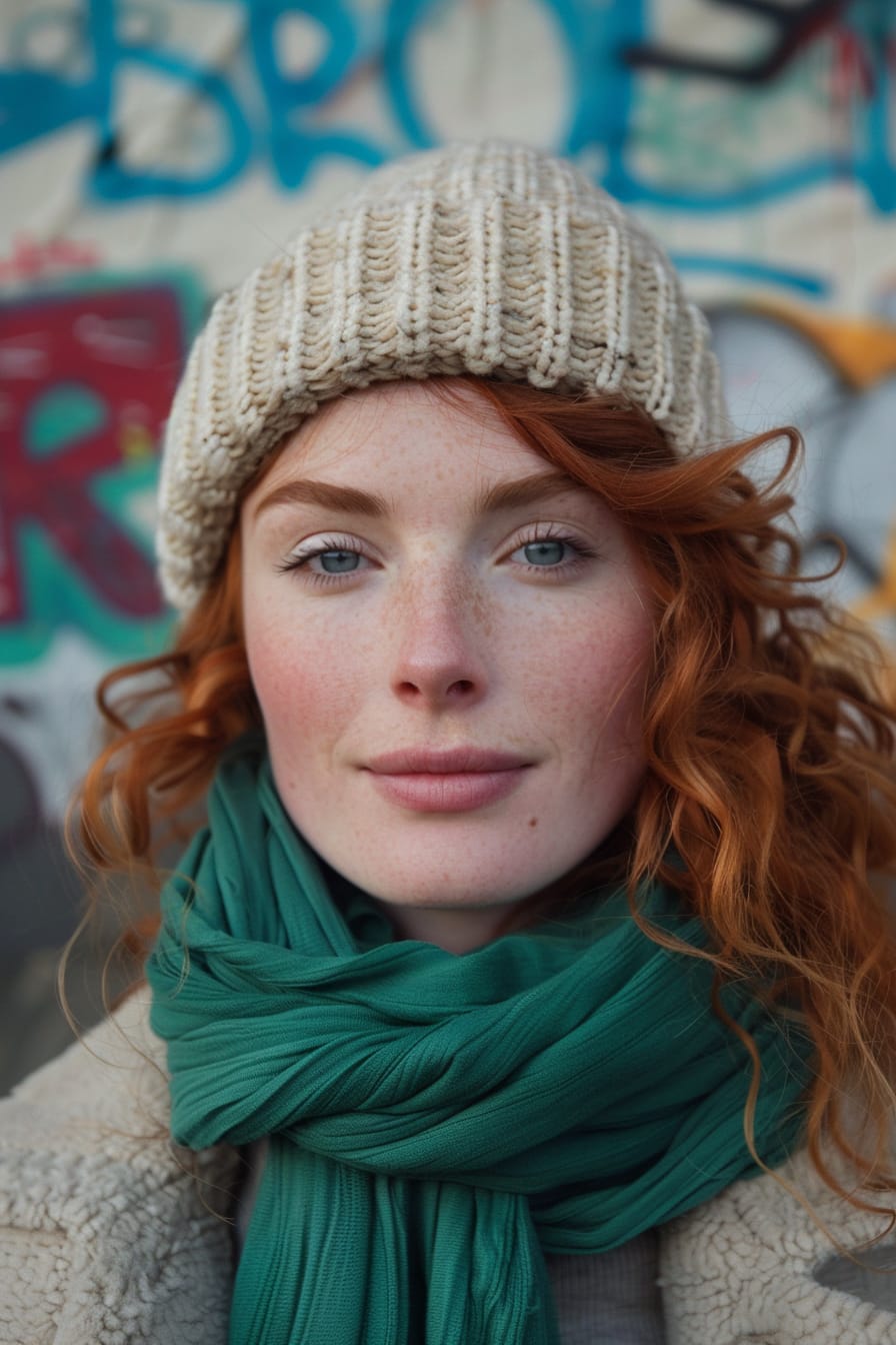  A close-up image of a young woman with curly red hair, wearing a bright emerald green scarf and a cream wool beanie, standing in front of a graffiti-covered wall, overcast day.