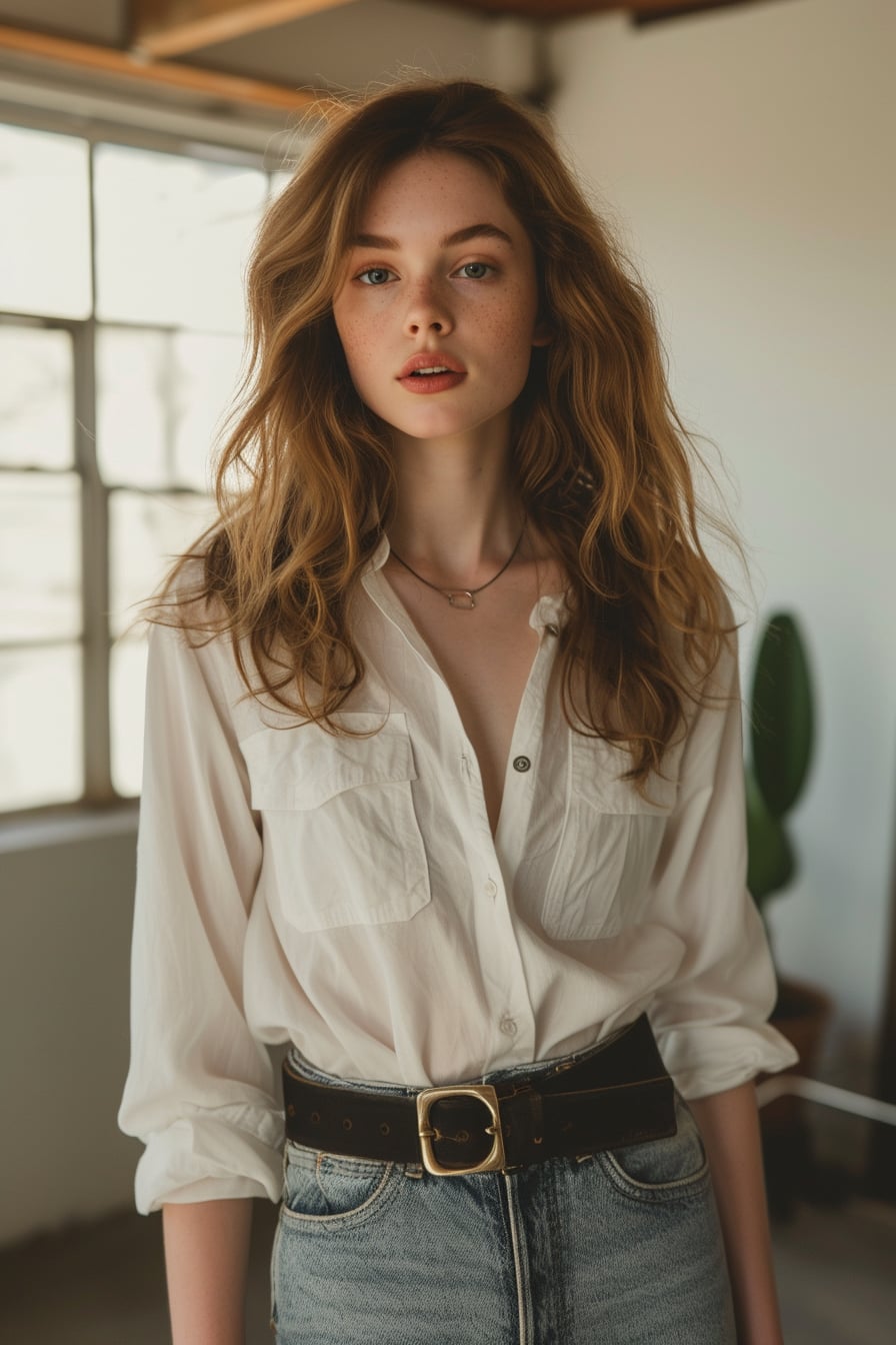  A full-length image of a young woman with wavy chestnut hair, wearing a white button-down shirt tucked into high-waisted jeans, cinched at the waist with a wide black leather belt, standing in a minimalist room with natural light.
