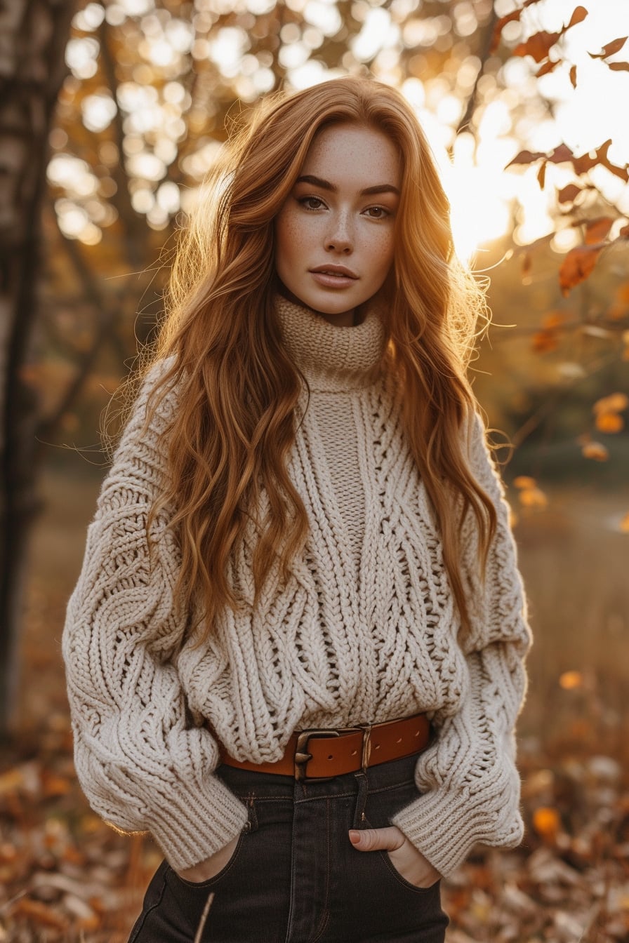  A young woman with long ginger hair, wearing an oversized beige knit sweater and dark leggings, cinched at the waist with a wide brown leather belt, standing in a forest setting with autumn leaves, during golden hour.