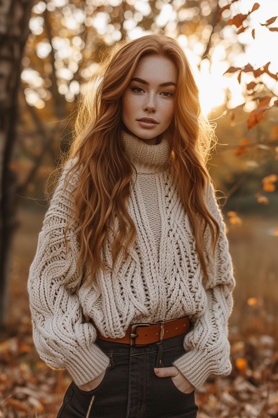 A young woman with long ginger hair, wearing an oversized beige knit sweater and dark leggings, cinched at the waist with a wide brown leather belt, standing in a forest setting with autumn leaves, during golden hour.