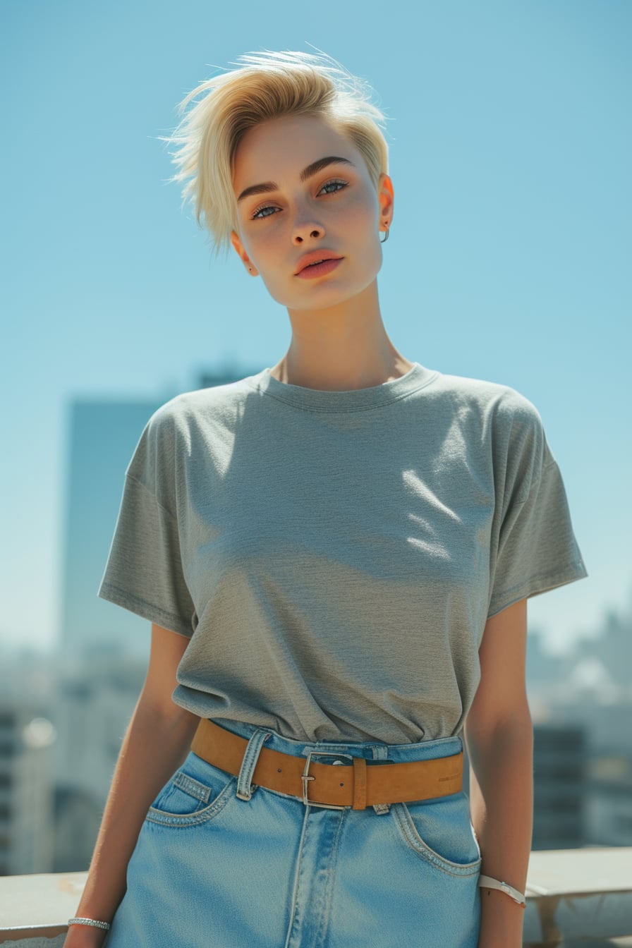 A young woman with short blonde hair, wearing a loose gray T-shirt half-tucked into light blue denim shorts, cinched at the waist with a wide tan suede belt, standing against a bright, sunlit urban backdrop.