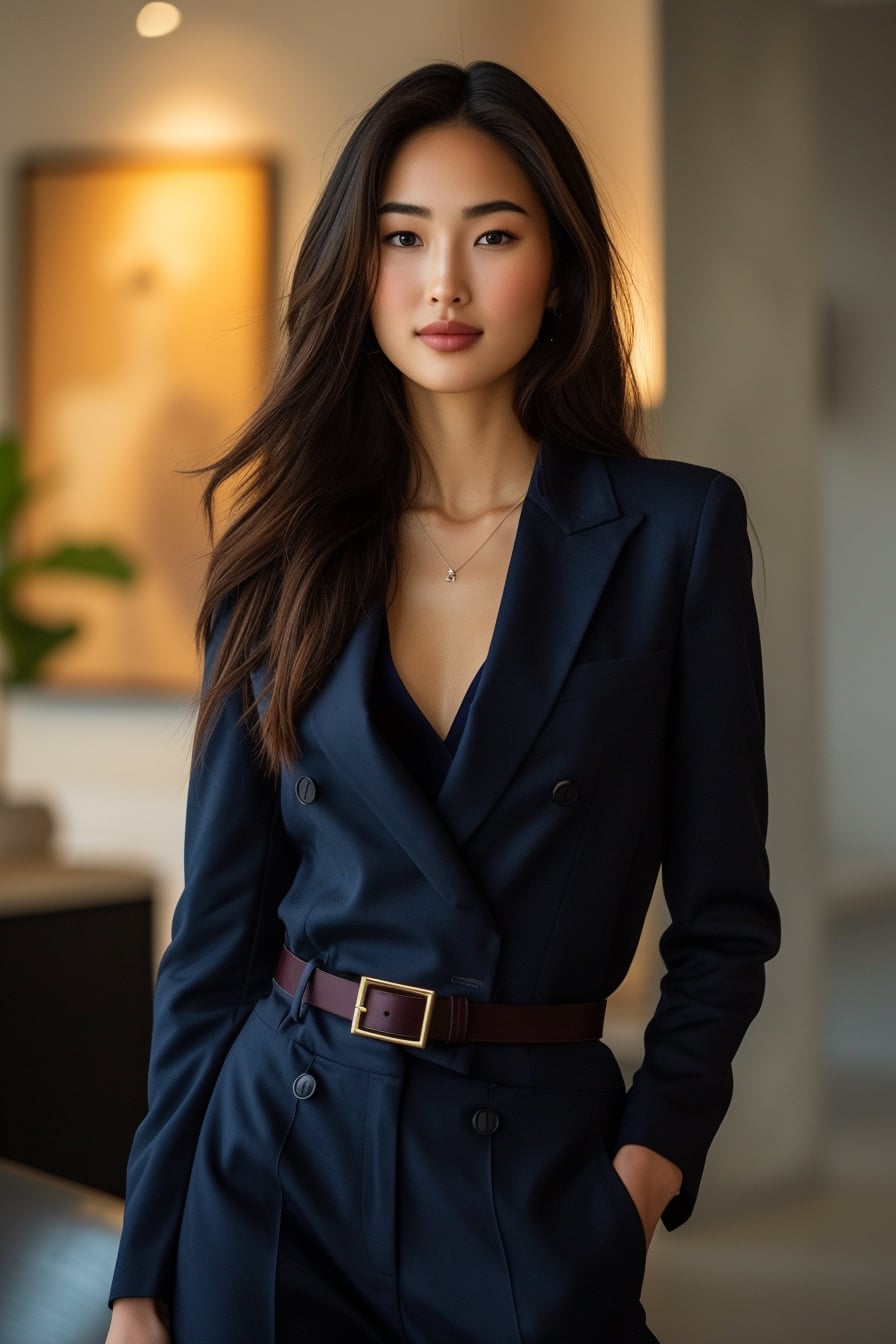  A young woman with sleek black hair, wearing a navy blue fitted blazer and matching trousers, cinched at the waist with a wide burgundy leather belt, in a modern office setting with soft, ambient lighting.