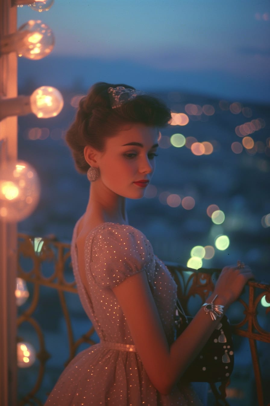 A young woman with updo hair, wearing an elegant polka dot evening dress, holding a small silver purse, standing on a balcony overlooking the city lights, night.