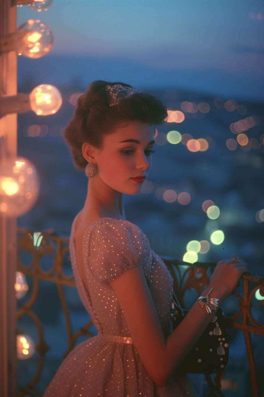 A young woman with updo hair, wearing an elegant polka dot evening dress, holding a small silver purse, standing on a balcony overlooking the city lights, night.