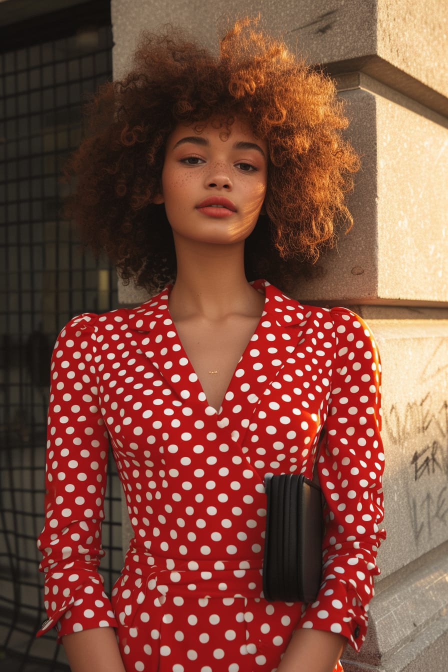 A young woman with curly hair, wearing a bold red and white polka dot dress, holding a minimalist black clutch, outdoor, sunset.