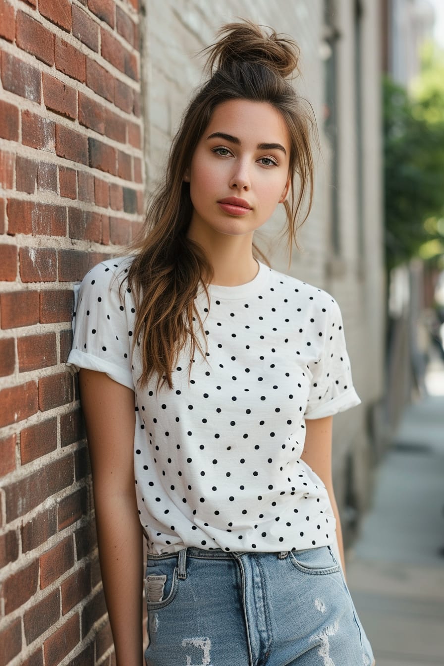 A young woman with a ponytail, wearing a relaxed polka dot t-shirt, ripped jeans, and white sneakers, leaning against a brick wall, daytime.