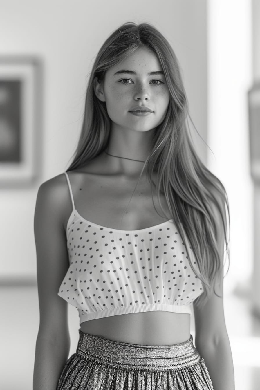 A young woman with long, straight hair, wearing a small polka dot top and a textured metallic skirt, standing in an art gallery, natural daylight.