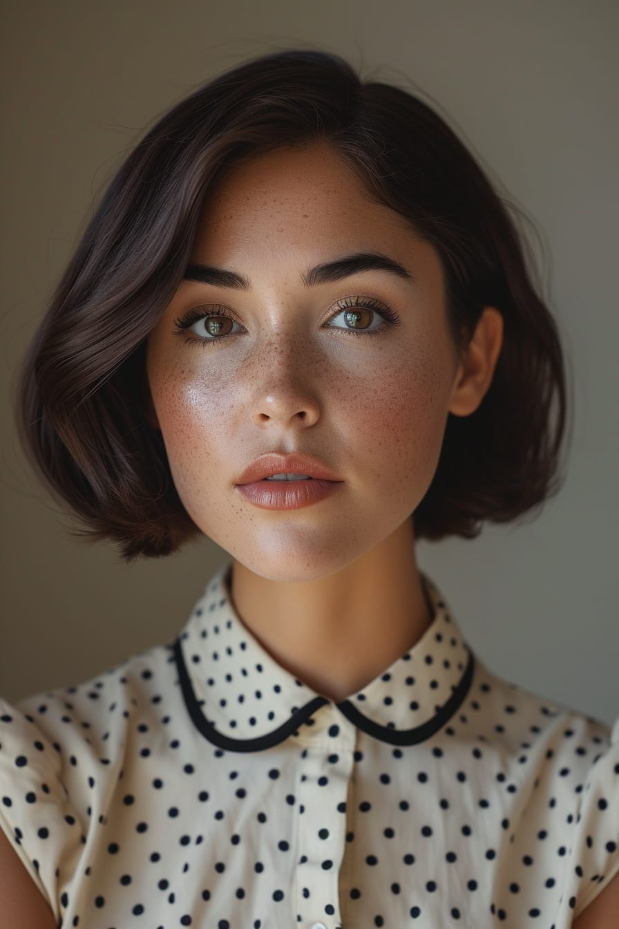 A close-up image of a young woman with short, sleek hair, showcasing the collar detail of her polka dot blouse, paired with a high-waisted pencil skirt, indoor, soft lighting.