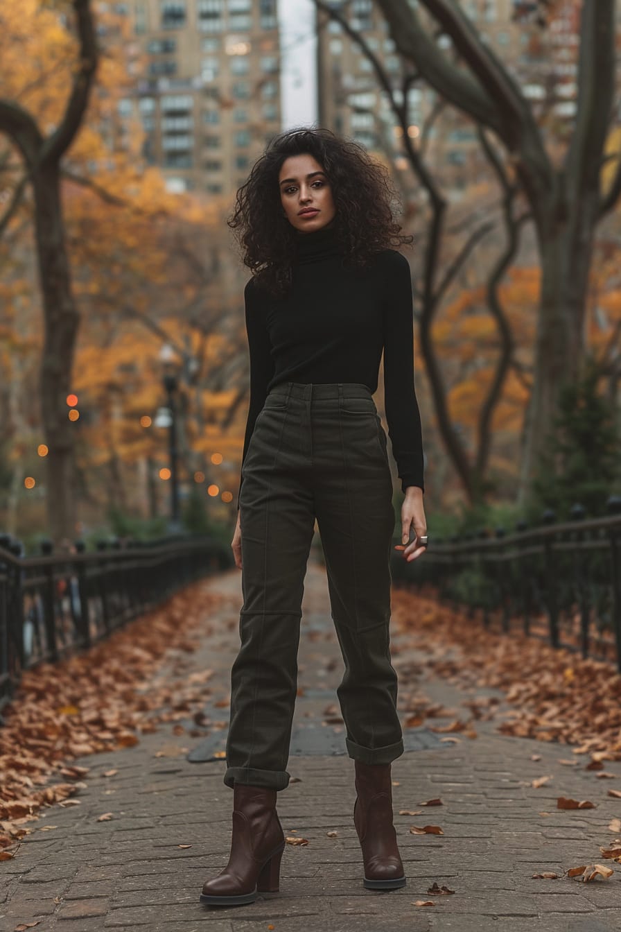 A full-length image of a young woman with curly dark hair, wearing olive green cropped trousers, a black turtleneck, and brown leather ankle boots, walking through a city park with autumn leaves on the ground, late afternoon.