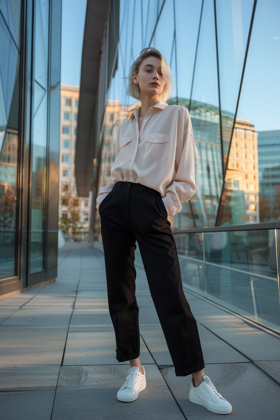 A full-length image of a young woman with short blonde hair, wearing black cropped trousers, a soft pink blouse, and white sneakers, standing in front of a modern glass building, early evening.