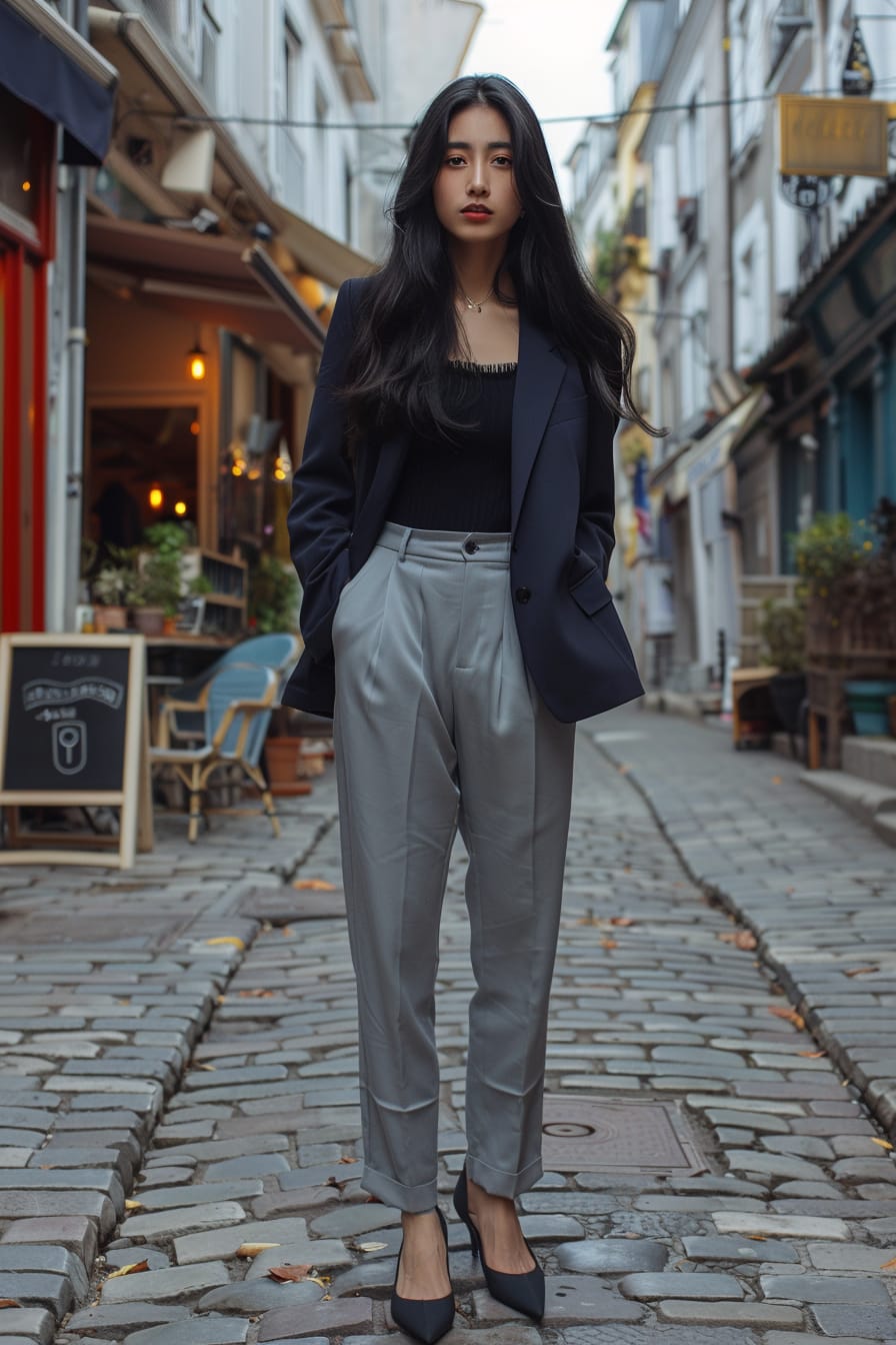 A full-length image of a young woman with long black hair, wearing light grey cropped trousers, a navy blazer, and pointed toe flats, standing on a cobblestone street near a vintage café, dusk.