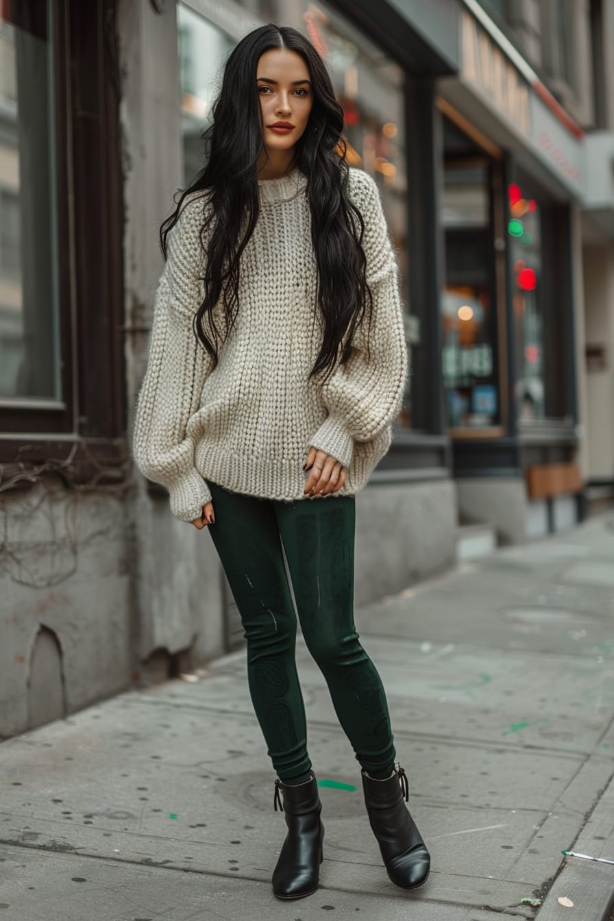  A full-length image of a young woman with long black hair, wearing dark green leggings, black ankle boots with a low cut, and a chunky knit cream sweater. Walking on a city sidewalk, late afternoon.