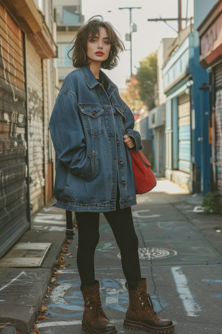  A full-length image of a carefree young woman with short, messy brown hair, wearing black leggings, chunky brown leather ankle boots, and an oversized blue denim jacket. Holding a red crossbody bag. Urban alley background, sunny afternoon.