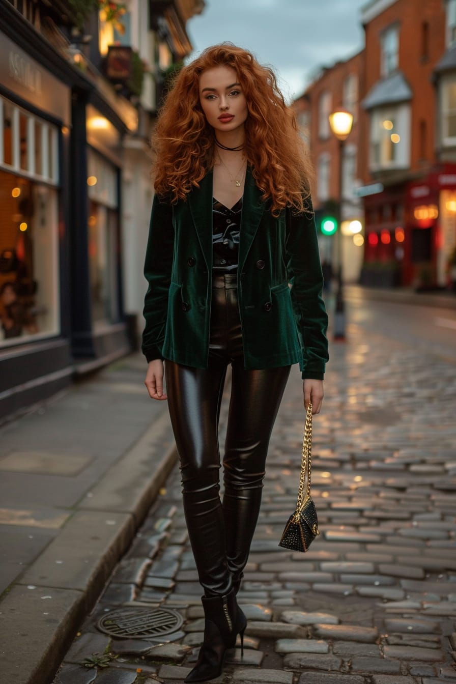  A full-length image of an elegant young woman with long, curly red hair, wearing black leather-look leggings, black heeled ankle boots, and a dark green velvet blazer. Holding a gold chain shoulder bag. City street background, evening.